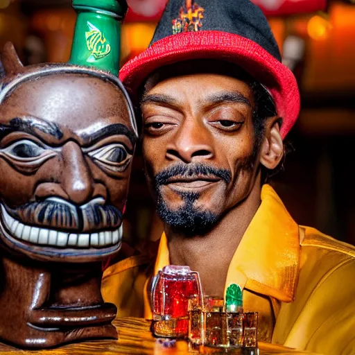 Image similar to a closeup photorealistic photograph of happy blunt smoking snoop dogg at trader vic's bar sitting next to a trader vic's style tiki mug featuring the face of snoop dogg. tiki culture. bright scene. 4 k hd image that's trending on artstation, featured on behance, well rendered, extra crisp, features epic composition and the style of unreal engine.