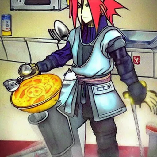 Image similar to cloud strife washing dishes at mcdonald's fast food restaurant in the style of yoshitaka amano