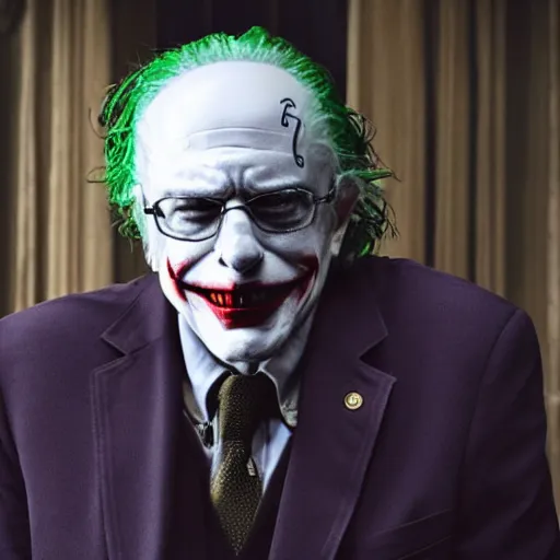 Image similar to stunning awe inspiring bernie sanders as the joker movie still 8 k hdr atmospheric lighting