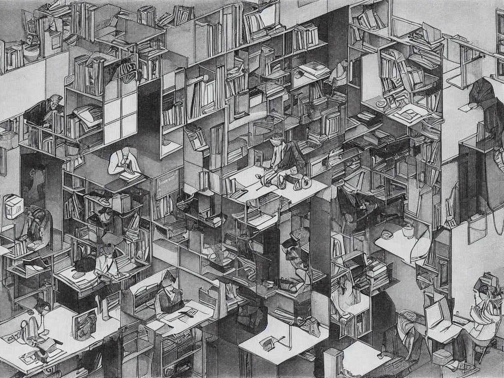 Prompt: coffee break in 9 0 s cubicle office by m. c. escher