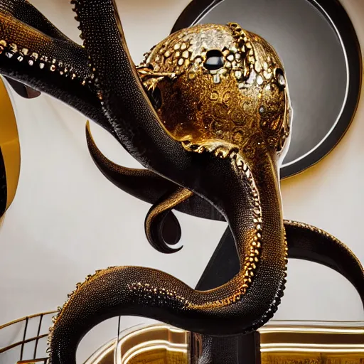 Image similar to close up of a female fashion model in year 3000 in art-deco entrance hall, model wearing a huge surreal Avant-garde octopus in gold, photography , official Versace editorial , highly detailed