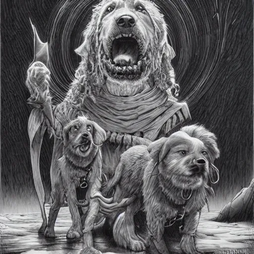 Prompt: the dogs of doom are howling, Michael Whelan, comic art, pen and ink, black and white