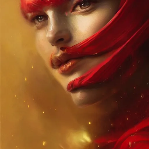 Image similar to portrait of a red sorcerer, sharp focus, ultra realistic illustration, regal clothing, gold ethereal light, by livia prima