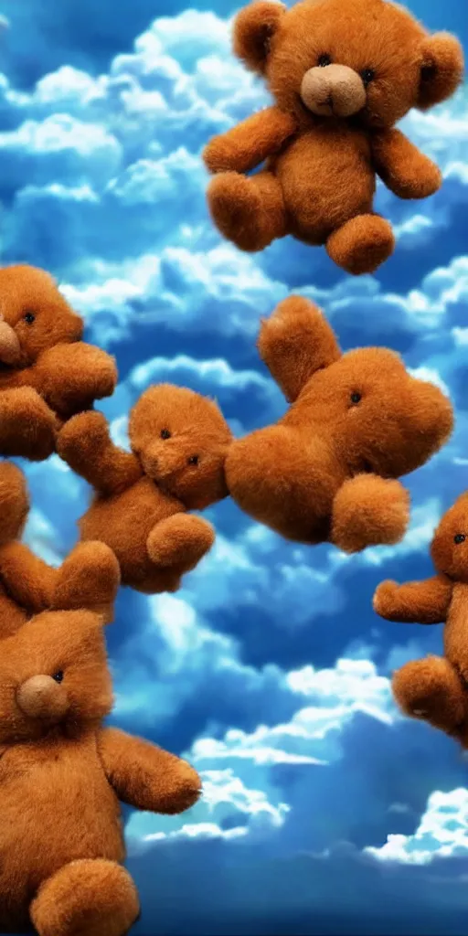 Image similar to teddy bears raining from a stormy cloud, anime scenery, 4k ultra