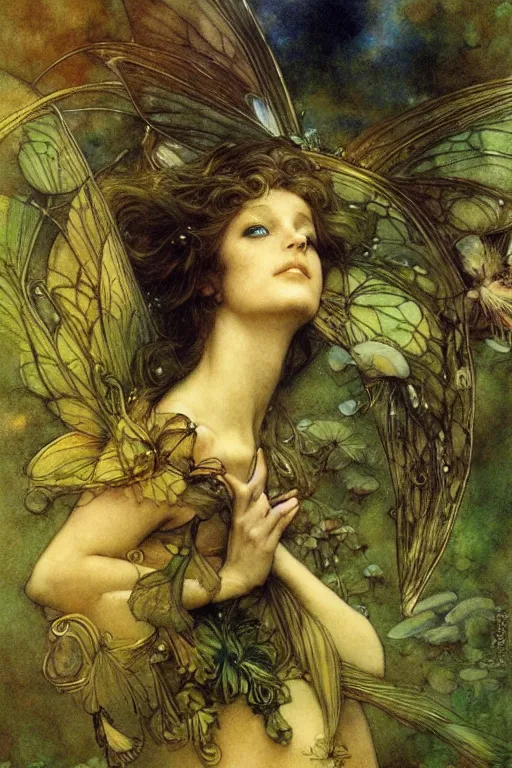 Prompt: portrait of a beautiful faerie, golden ratio, detailed, rainbowshift, by jean - baptiste monge, maxfield parrish, john william waterhouse, brian froud