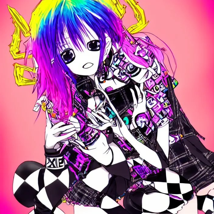 Image similar to maximalist emo anime girl, cybergoth, rainbowcore, vhs monster high, glitchcore witchcore, checkered spiked hair, pixiv