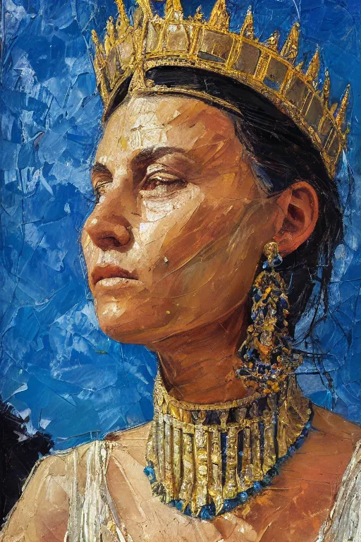 Image similar to highly detailed palette knife oil painting of a historically accurate depiction of the ancient biblical israeli queen Esther, thoughtful, by Peter Lindbergh, impressionistic brush strokes, painterly brushwork