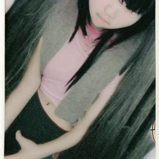 Prompt: aesthetic upper body polaroid photograph of emo japanese girl, long hair and fringe