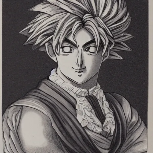 Image similar to realistic old victorian style portrait of goku with a powered wig and ruffled shirt