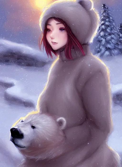 Image similar to award winning beautiful portrait commission art of a female furry anthro polar bear fursona with a cute beautiful attractive detailed feminine furry face wearing a cute stylish winter sweater and pants at a comfy winter cabin at dusk by firelight. Character design by charlie bowater, ross tran, artgerm, and makoto shinkai, detailed, inked, western comic book art