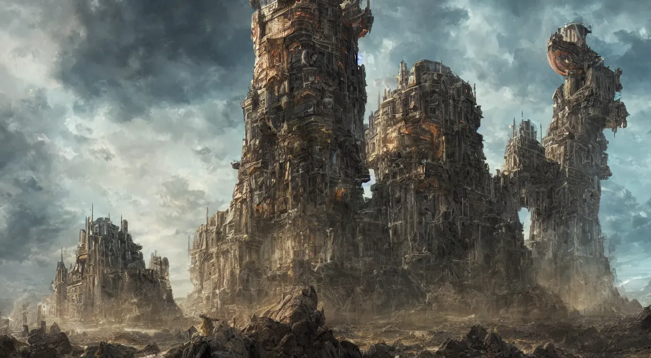 Image similar to an enormous watchtower guarded by cerberus, large scale, breathtaking, mixed media, digital art, trending on artstation, 8k, epic composition, highly detailed, AAA graphics