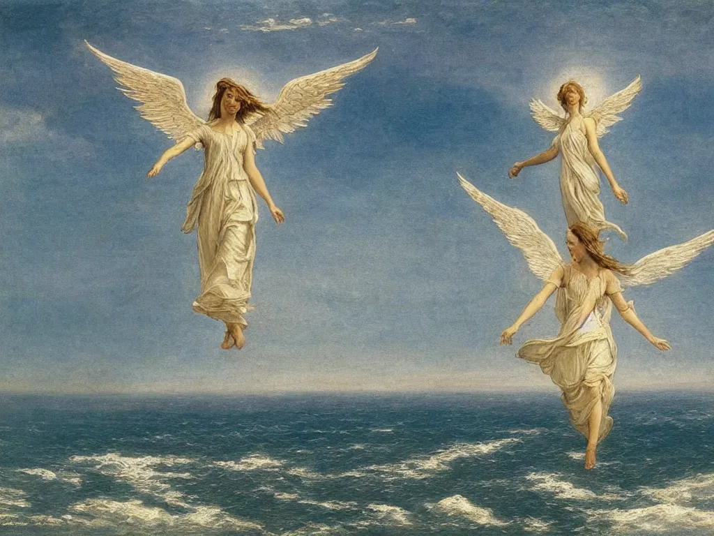 Prompt: seraphim angel in the sky flying on the sea painted by caspar david friedrich