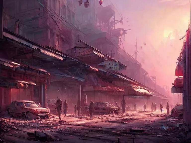 Prompt: postapocalyptic city of syzran!!!, militaristic!!!, romantic!!!, hyperrealistic, highly detailed, cinematic, pink sunlight!, beautiful, cgssociety, artstation, 8 k, oil painting by greg rutkowski, by artgerm, by wlop