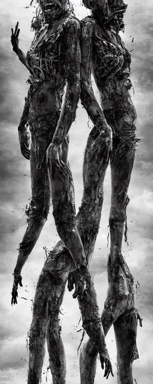 Image similar to twinned conjoined sisters Emma Watson action poses dishevelled photorealistic portrait grimy sweating wet face dirty t-shirt and torn jeans in broken biomechanical fractal armour abandoned exploding sci-fi gas station, dark and dim atmospheric smog trending on artstation 8k matte painting, dramatic lighting, dramatic shadows professional photograph by Lee Miller