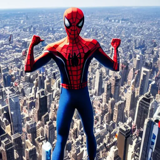Prompt: marvel spider - man from back standing on top of the empire state building