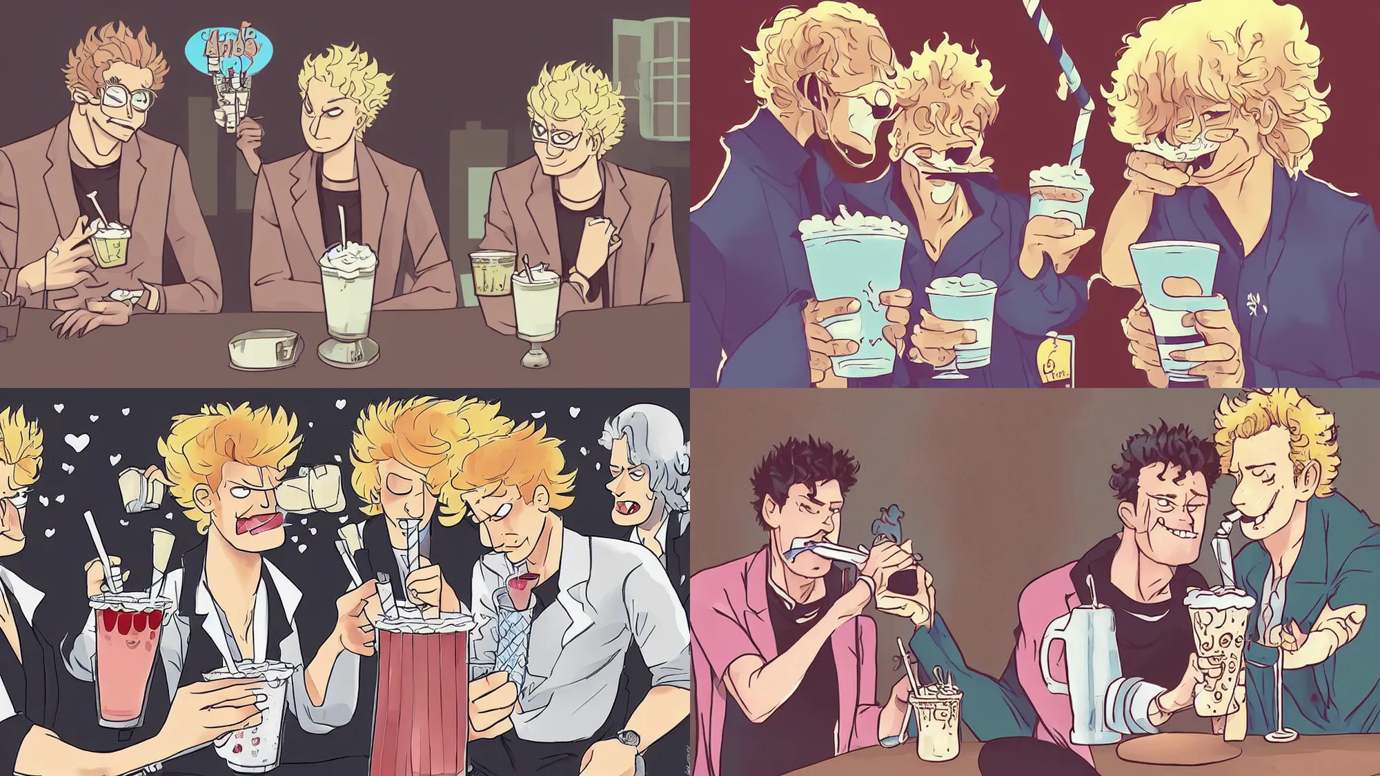 Prompt: good omens gabriel and beelzebub drinking a milkshake from the same glass, romantic fanart, tumblr