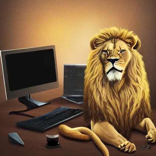 Prompt: Lion at computer, trading stocks, candle stick chart on screen, digital art, realistic, trending on artstation