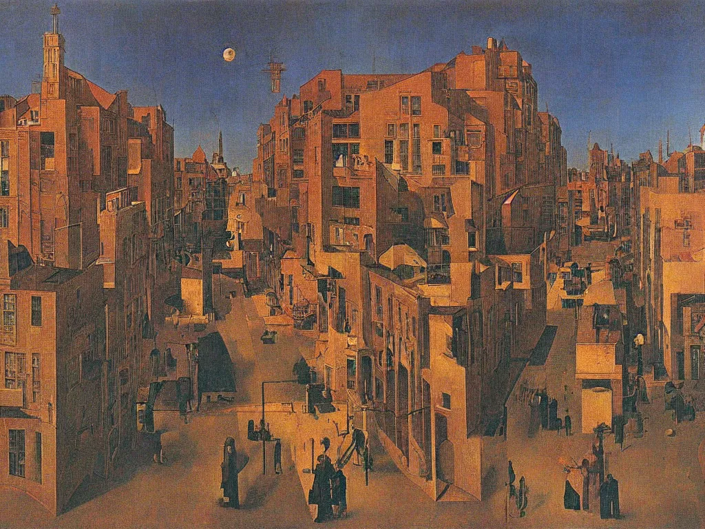 Prompt: The periphery, Communist neighborhood in the afternoon. Painting by Jan van Eyck, Rene Magritte, Jean Delville, Max Ernst, Beksinski