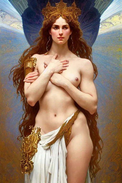 Image similar to painted portrait of aphrodite wearing armor, goddess of love, greek god, feminine, powerful, beautiful, upper body, white robe, muscular, fantasy, intricate, elegant, highly detailed, digital painting, artstation, concept art, smooth, sharp focus, illustration, art by gaston bussiere and alphonse mucha