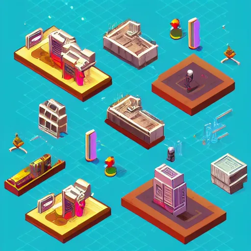 Prompt: isometric assets for a 2 d cyberpunk top - down game