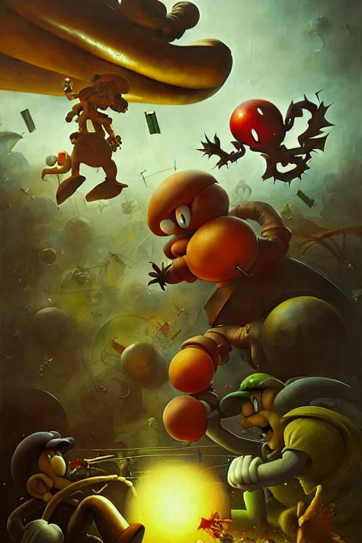 Image similar to hieronymus bosch, greg rutkowski, anna podedworna, painting of samus aran fighting mario and luigi