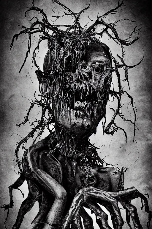 Prompt: black and white illustration, creative design, body horror, rotting monster