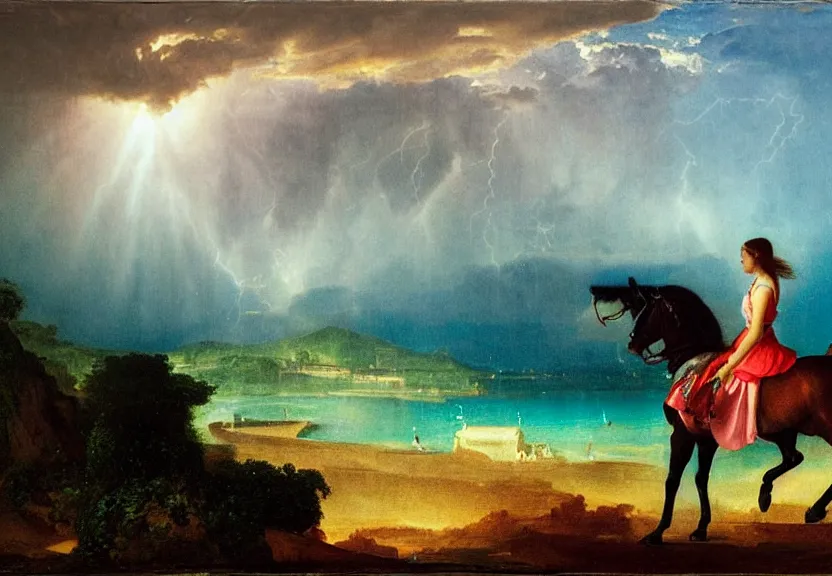 Image similar to Girl riding the horse on the palace bridge, refracted sparkles, thunderstorm, greek pool, beach and Tropical vegetation on the background major arcana sky, by paul delaroche, hyperrealistic 4k uhd, award-winning, very very very detailed