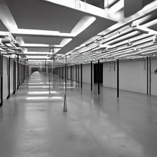 Image similar to dystopian underground prison, white walls, shiny floors, minimalist, stunning, light and shadows, catwalks