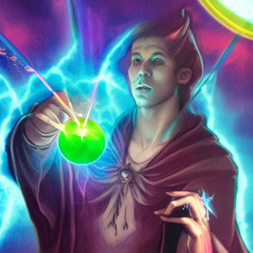 Image similar to a warlock is casting a magic spell, while magic orb is floating in his hand, the magic orb emit a rainbow vapour, dynamic pose, chromatic aberration , medium level shot, Mucha style , Grim fantasy, illustration ,concept art,