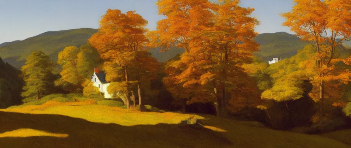 Image similar to a highly detailed, 4 k, alpine landscape with a cottage, dense trees, fall, 1 7 0 0 s, by edward hopper, new artstation artist,