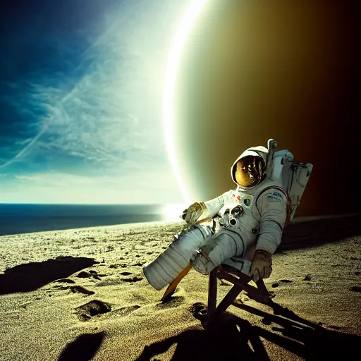 Image similar to an astronaut relaxing on the beach, dramatic lighting, cinematic, extremly high detail, photorealistic, cinematic lighting, nasa footage