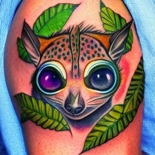 Prompt: shoulder tattoo of a multicolored trippy furry cute bushbaby, eyes are colorful spirals, surrounded with colorful marihuana leaves, insanely integrate