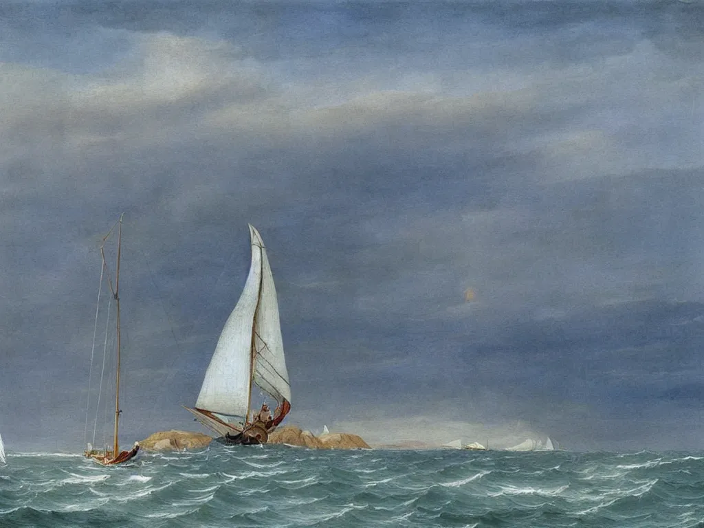 Image similar to A modern white sailing boat on the sea in the Esterel. Painting by Caspar David Friedrich, Roger Dean, Walton Ford