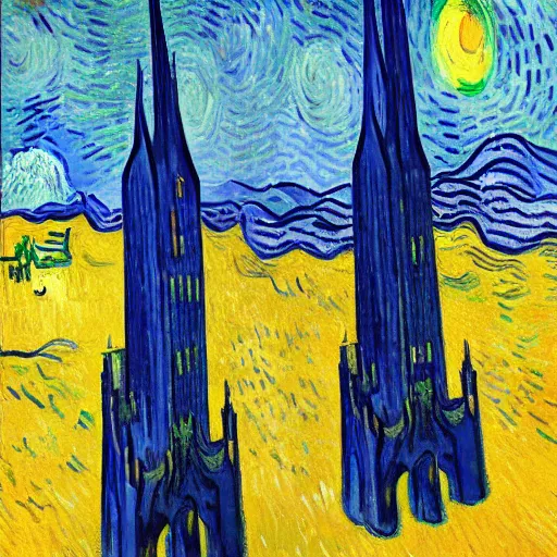 Image similar to twin towers painted by vincent van gogh, 4 k, high resolution, illustration, painting