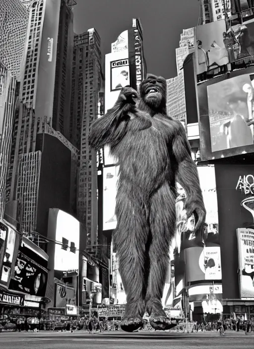 Image similar to photorealistic photograph of bigfoot in times square, 3 5 mm film, fuji, leica s, bigfoot, nyc, in the style of fashion photography, intricate, golden hour sunlight, kodachrome