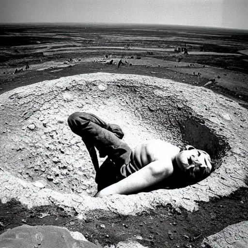 Prompt: a person laying in a huge crater. their body twisted unnaturally, spaceship wreckage in background. ap photograph 1 9 8 5