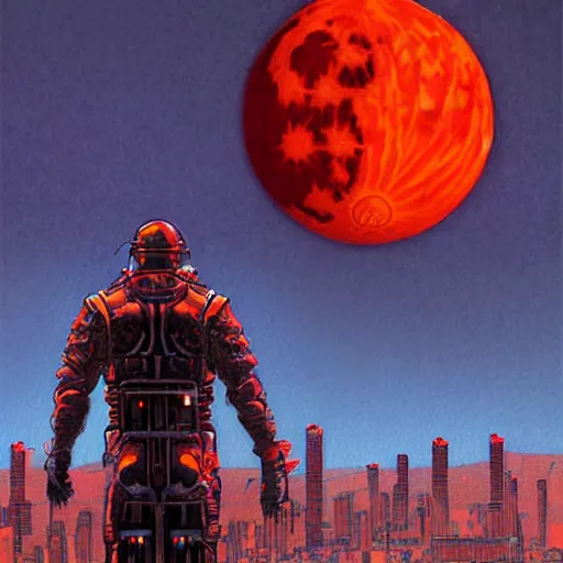 Image similar to surreal, nuclear blast and a full red moon eclipse, cyberpunk, art by jeff lyons, bryen frost