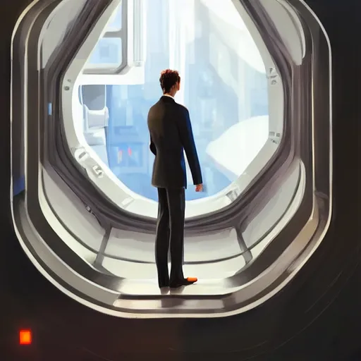 Prompt: A rich man in a suit looking out of the window of a space station ,D&D, elegant, hopeful, muscular, highly detailed, digital painting, artstation, concept art, smooth, sharp focus, illustration