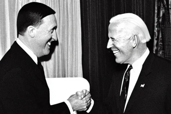 Image similar to “ very very intricate photorealistic photo of hitler and joe biden laughing together, detailed natural lighting, award - winning crisp details ”