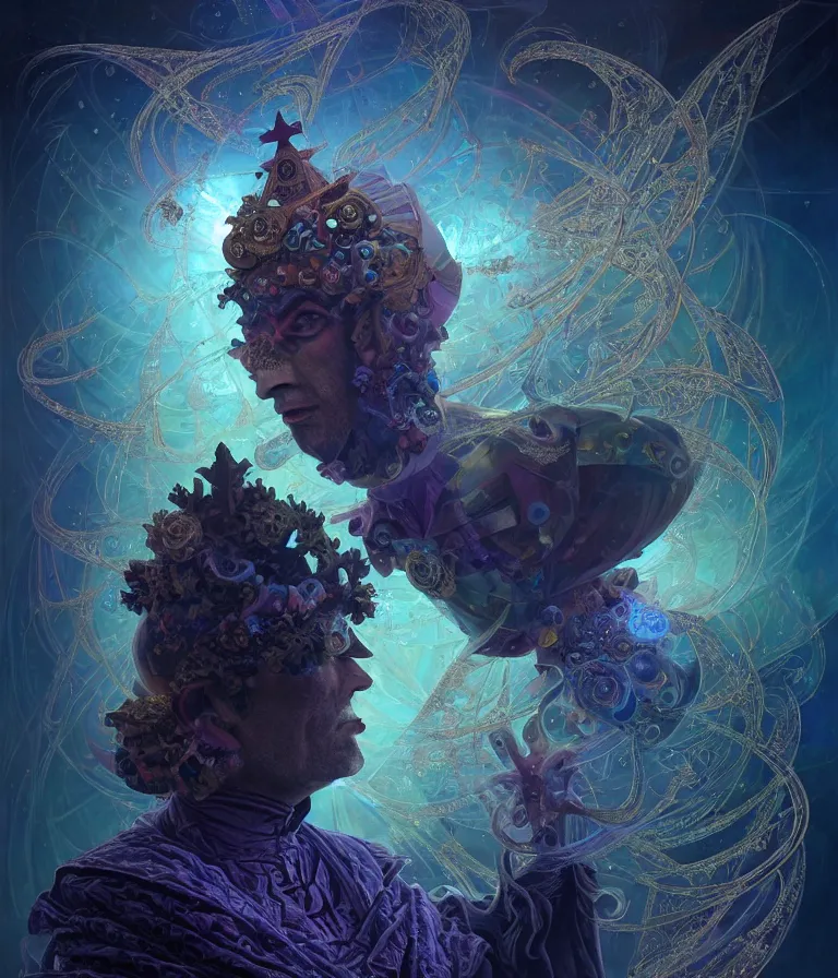 Image similar to front!!! shot of a court jester!!! character, mesmerizing fractal hypercubes, dark holography!!!, future, oil slick nebula, crystalline edges, (((intricate))), elegant, highly detailed, centered, (((artstation, concept art, smooth, sharp focus, artgerm, Tomasz Alen Kopera, Peter Mohrbacher, donato giancola, Joseph Christian Leyendecker, WLOP, Boris Vallejo))), ((raytracing)), mugshot!!!!!, ugly!!!!!!, octane render, nvidia raytracing demo, octane render, nvidia raytracing demo, octane render, nvidia raytracing demo, grainy, muted, 8K, digitalblasphemy, metatron