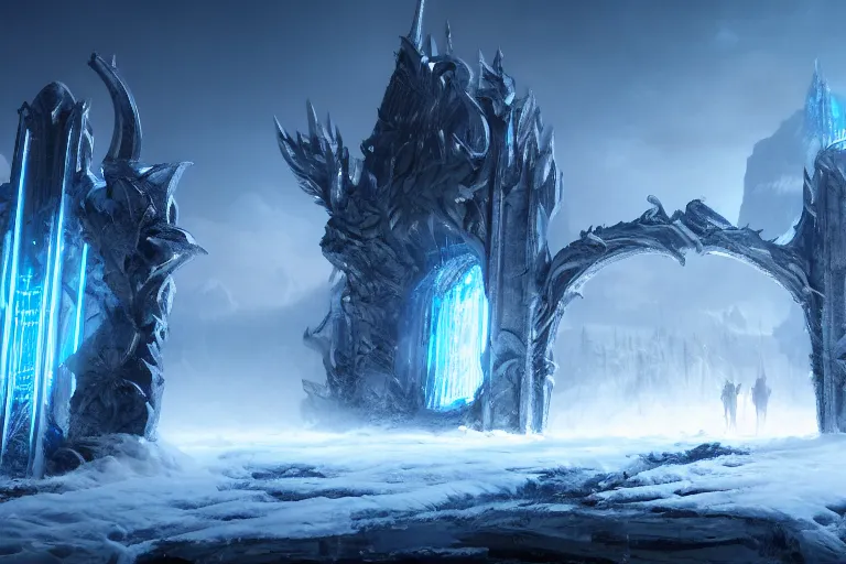 Prompt: a very detailed concept art of epic gates to frost, trending on artstation, central composition, digital art, 4 k, hyper realistic, octane render, sharp focus