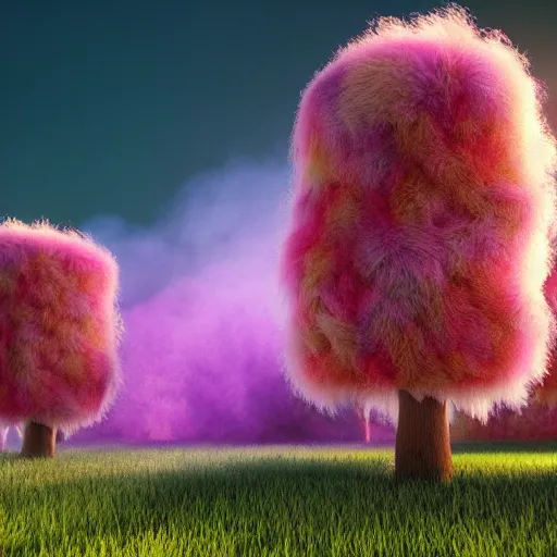 Prompt: Colorful fluffy trees made of fur in a field, octane render, volumetric lighting