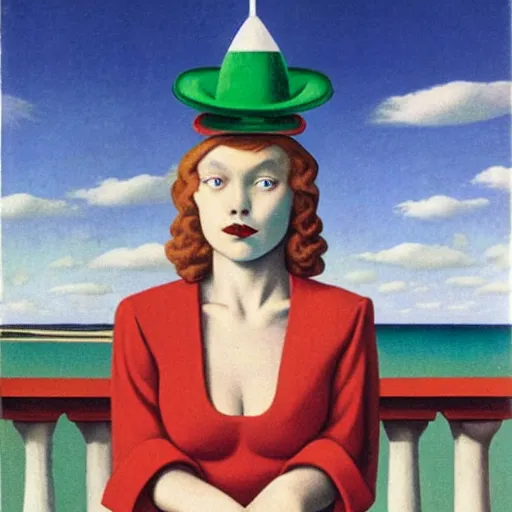 Image similar to An angel girl with jester hat and clothes on the front of a Balustrade with a beach on the background, major arcana cards, by Rene Magritte, hyperrealistic