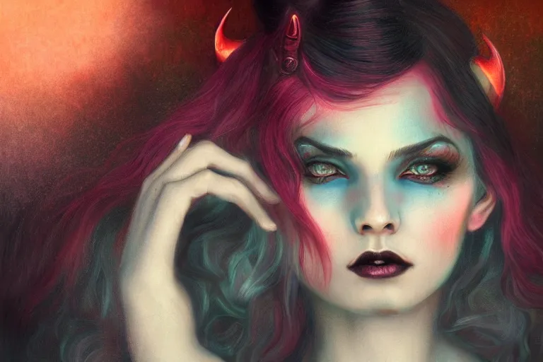 Image similar to pretty demon girl with horns photograph in the style of tom bagshaw, colorful, realistic, 8 k