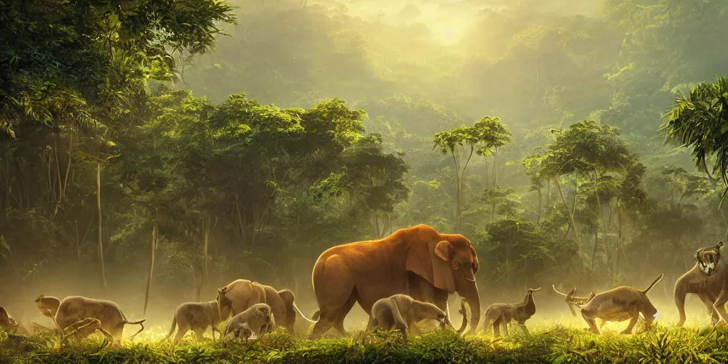 Image similar to vast wilderness of jungle with large mammals, sharp focus, highly detailed, golden hour, cgsociety