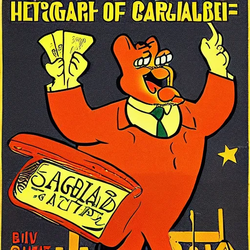 Prompt: Garfield in a Seize the Lasagna 1900s communist propaganda poster, highly detailed, illustration