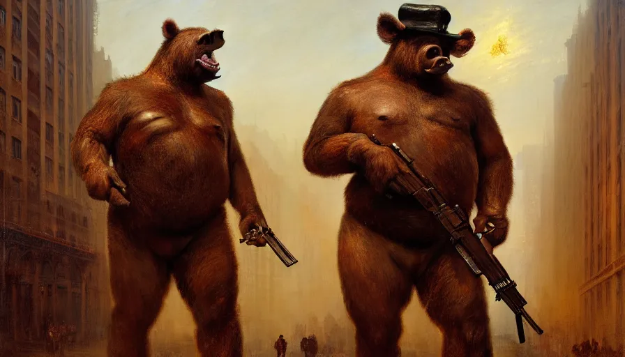 Image similar to highly detailed painting of a humanoid half bear half man pig creature in a nypd uniform, shotgun in hand, streets of nyc, by william turner, by greg rutkowski, by william constable, thick brush strokes and visible paint layers, 4 k resolution