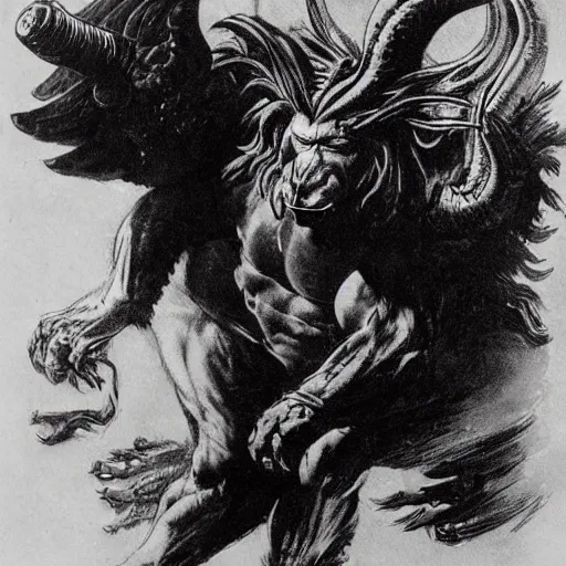 Image similar to a creature with the body and eyes of a man, with the beak of an eagle, the mane of a lion, and the horns of an ox. drawn by frank frazetta