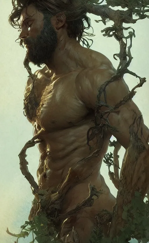 Prompt: god of the forest, 30 years old, rugged, male, gorgeous, detailed face, amazing, thighs!!!!!!, muscular, intricate, highly detailed, digital painting, artstation, concept art, sharp focus, illustration, art by greg rutkowski and alphonse mucha