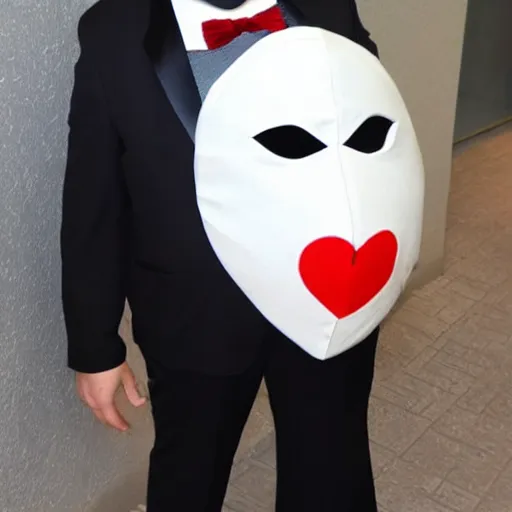 Image similar to a big man in a tux with small legs, heart shaped goden mask with white lights for eyes.